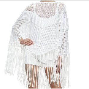 PH5 White Knit Fringe Boho Western Pullover Poncho Coverup Size XS